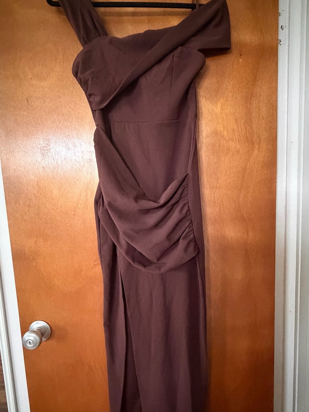 Asymmetric One-Shoulder Brown Midi Dress